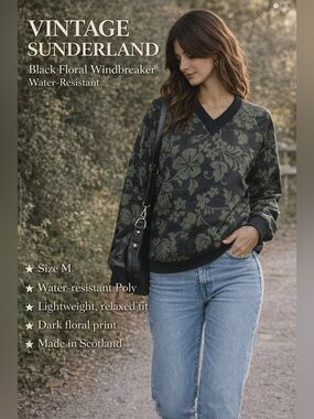 Vintage Sunderland Scotland Floral Windbreaker Black Green Golf Lightweight Med